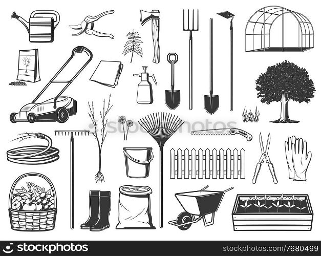 Gardening tools , farming instruments and equipment isolated vector icons. Farmer and gardener shovel, ax, wheelbarrow and saw, boots and gloves. Fruits or vegetable harvest, seeds and sprouts. Gardening tools, farming items and equipment