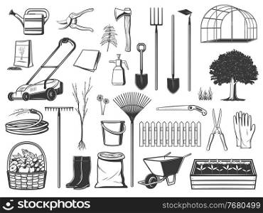 Gardening tools , farming instruments and equipment isolated vector icons. Farmer and gardener shovel, ax, wheelbarrow and saw, boots and gloves. Fruits or vegetable harvest, seeds and sprouts. Gardening tools, farming items and equipment
