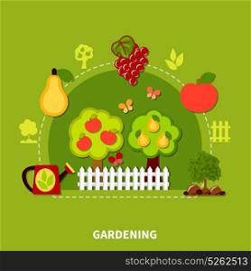 Gardening Tools Flat Composition. Agriculture background with composition of flat fruits and trees icons silhouettes with watering pot and fence vector illustration