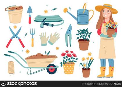 Gardening tools. Happy female gardener in work clothes holds flowers pot, wheelbarrow with earth, watering can and scissors, horticulture and planting instrument vector cartoon flat style isolated set. Gardening tools. Happy female gardener in work clothes holds flowers pot, wheelbarrow with earth, watering can and scissors, horticulture and planting instrument, vector cartoon flat isolated set