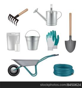 Gardening tools. Shovels fertilizer scissors items for growing plants and care flowers and grass decent vector realistic pictures set. Illustration of trowel and shovel for garden. Gardening tools. Shovels fertilizer scissors items for growing plants and care flowers and grass decent vector realistic pictures set