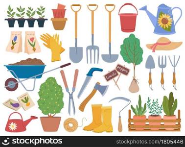 Gardening tools, spring garden equipment and plants sapling. Watering can, gloves, wheelbarrow with soil. Horticulture elements vector set. Farming objects, taking care of flowers and trees. Gardening tools, spring garden equipment and plants sapling. Watering can, gloves, wheelbarrow with soil. Horticulture elements vector set