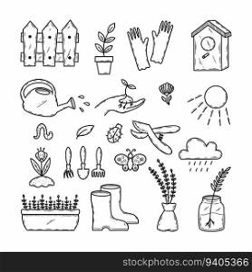 Gardening tools. Vector doodle illustration on ecology and garden plantings.