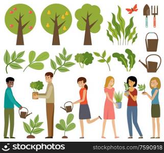 Gardening. Trees and plants. People with flowers. Vector illustration