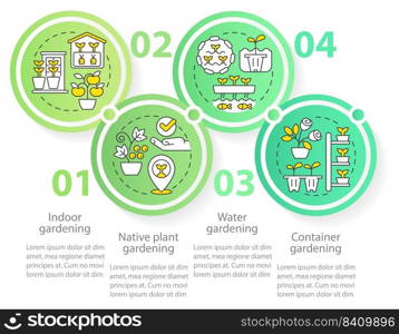 Gardening types circle infographic template. Planting process. Data visualization with 4 steps. Editable timeline info chart. Workflow layout with line icons. Myriad Pro-Regular font used. Gardening types circle infographic template