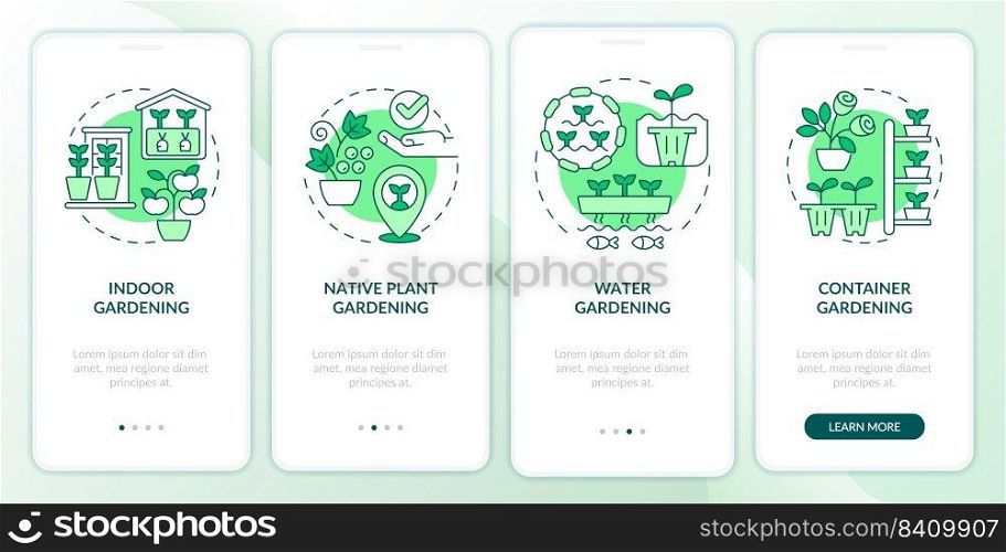 Gardening types green onboarding mobile app screen. Planting walkthrough 4 steps editable graphic instructions with linear concepts. UI, UX, GUI template. Myriad Pro-Bold, Regular fonts used. Gardening types green onboarding mobile app screen