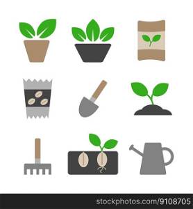 Gardening, vector set. Plants in a pot, seeds, plants in the ground, watering can, rake and shovel.