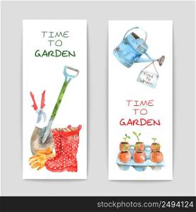 Gardening watercolor vertical banners set with spade and watering-can isolated vector illustration . Gardening Watercolor Banners Set