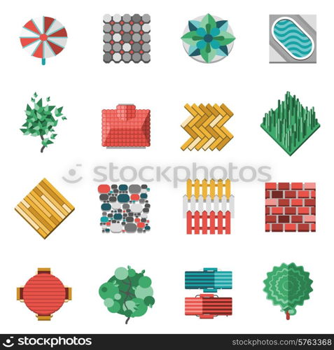 Gardens house outdoor landscape design elements icons set isolated vector illustration