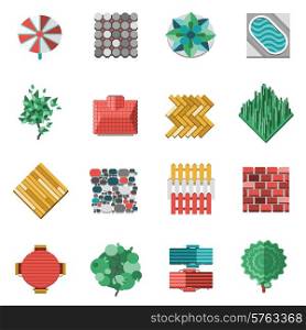 Gardens house outdoor landscape design elements icons set isolated vector illustration