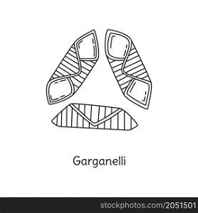 Garganelli pasta illustration. Vector doodle sketch. Traditional Italian food. Hand-drawn image for engraving or coloring book. Isolated black line icon. Editable stroke.