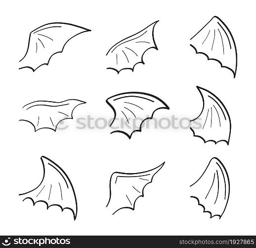 Gargoyle, demon, devil doodle wing set vector. Hand drawn pencil style wing. Bat, vampire silhouette collection in line art.. Gargoyle, demon, devil doodle wing set vector. Hand drawn pencil style wing. Bat, vampire silhouette