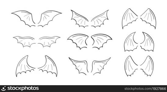 Gargoyle, demon, devil doodle wing set vector. Hand drawn pencil style wing. Bat, vampire silhouette collection in line art.. Gargoyle, demon, devil doodle wing set vector. Hand drawn pencil style wing. Bat, vampire silhouette