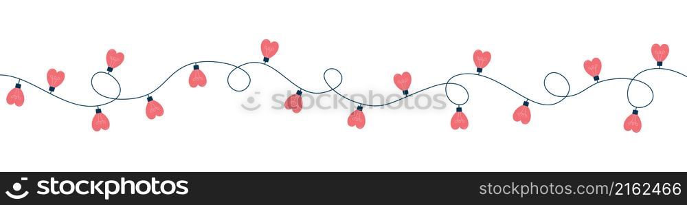 Garland for Valentine&rsquo;s Day. Luminous light bulbs in the shape of hearts. Happy Valentine&rsquo;s Day. Decorations for the holiday. Vector illustration
