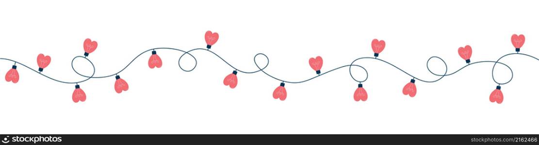 Garland for Valentine&rsquo;s Day. Luminous light bulbs in the shape of hearts. Happy Valentine&rsquo;s Day. Decorations for the holiday. Vector illustration