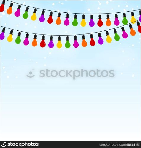 Garland of colored lights on blue festive background. Vector illustration.