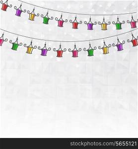 Garland of colored paper lanterns winter abstract background with the effect of crumpled paper, and snowflakes. Vector illustration.