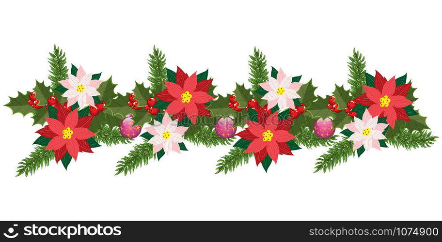 Garland of poinsettia flowers, spruce branches, Holly leaves, bright red berries and Christmas balls for decoration design, vector illustration