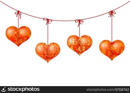 Garland of red hearts on ribbons with gold floral patterns. Vector illustration.&#xA;
