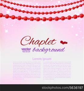Garland of red pearls on pink background with reflections. Vector illustration.
