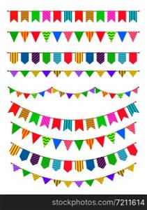 Garland with flags. Rainbow garlands, hanging colored pennants. Birthday party decoration for fest invitation poster vector string vintage bunting colorful festive set. Garland with flags. Rainbow garlands, hanging colored pennants. Birthday party decoration for fest invitation poster vector set