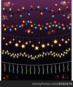 Garlands collection on transparent background. Vector illustration of ropes with many colourful and yellow bulbs in star shape. Abstract creative realistic luminous bulbs for holiday decoration.. Garlands Collection on Transparent Background