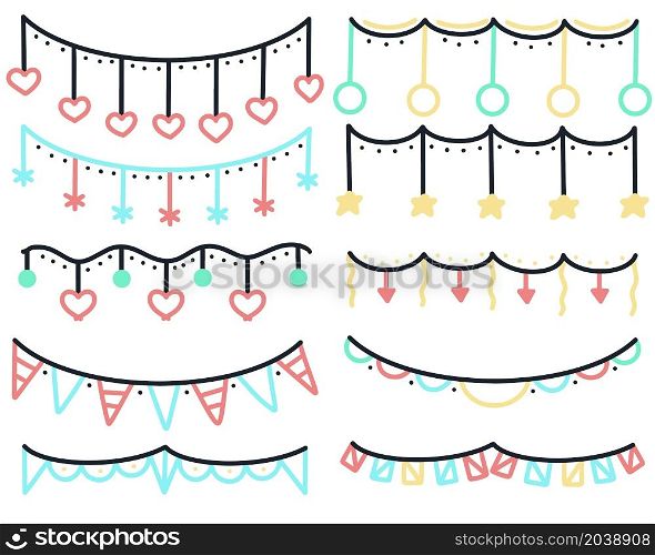 Garlands set isolated vector illustration. Collection of colored bunting hand drawn. Holiday decorations doodle style. Garlands set isolated vector illustration