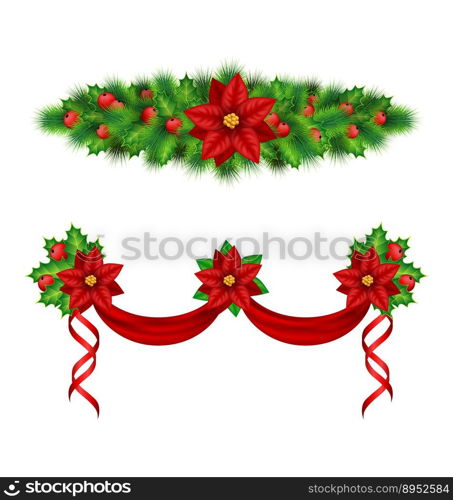 Garlands with poinsettia holly pine on white vector image