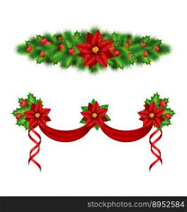 Garlands with poinsettia holly pine on white vector image