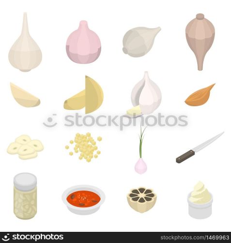 Garlic icons set. Isometric set of garlic vector icons for web design isolated on white background. Garlic icons set, isometric style