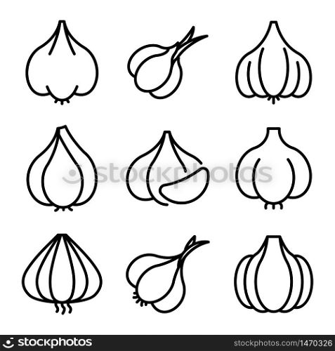 Garlic icons set. Outline set of garlic vector icons for web design isolated on white background. Garlic icons set, outline style