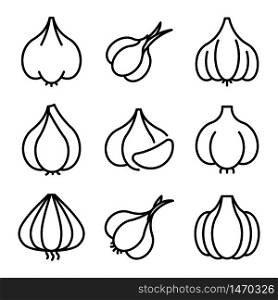 Garlic icons set. Outline set of garlic vector icons for web design isolated on white background. Garlic icons set, outline style