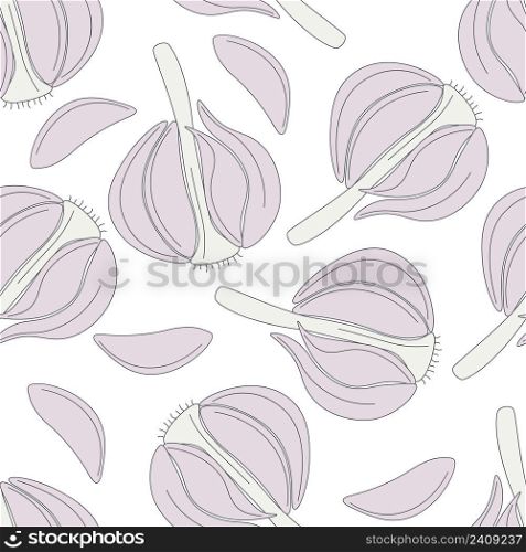 Garlic seamless pattern vector illustration. Background with heads and cloves of garlic. Template with food for wallpaper, fabric, paper