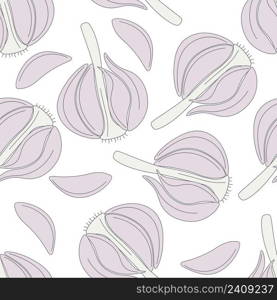 Garlic seamless pattern vector illustration. Background with heads and cloves of garlic. Template with food for wallpaper, fabric, paper