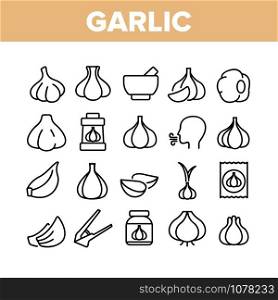 Garlic Spicy Vegetable Collection Icons Set Vector Thin Line. Smell From Mouth And Garlic Press, Organic Plant And Bottle With Spice Concept Linear Pictograms. Monochrome Contour Illustrations. Garlic Spicy Vegetable Collection Icons Set Vector