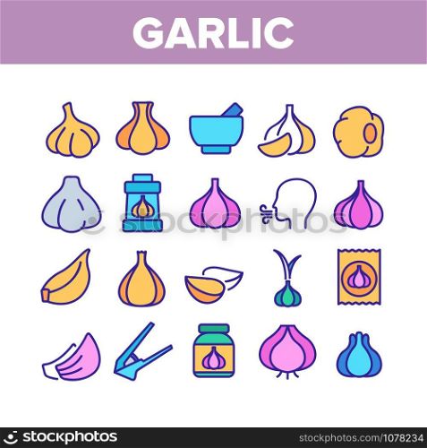 Garlic Spicy Vegetable Collection Icons Set Vector Thin Line. Smell From Mouth And Garlic Press, Organic Plant And Bottle With Spice Concept Linear Pictograms. Color Contour Illustrations. Garlic Spicy Vegetable Collection Icons Set Vector