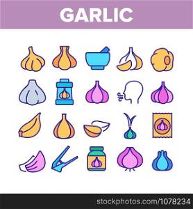 Garlic Spicy Vegetable Collection Icons Set Vector Thin Line. Smell From Mouth And Garlic Press, Organic Plant And Bottle With Spice Concept Linear Pictograms. Color Contour Illustrations. Garlic Spicy Vegetable Collection Icons Set Vector