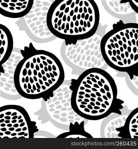 Garnet fruit hand drawn seamless pattern, scandinavian style. Vector illustration. Black pomegranate on white background. Can be used for textile, kitchen, scrapbooking.. Garnet fruit hand drawn seamless pattern. Vector illustration. Pomegranate background
