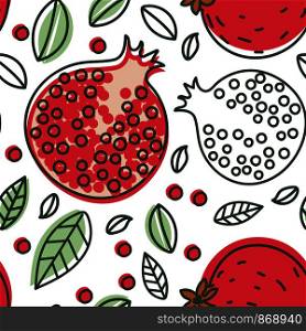 Garnet seamless pattern. Hand drawn fresh pomegranate. Multicolored vector sketch background. Colorful doodle wallpaper. Exotic tropical fruit. Red print