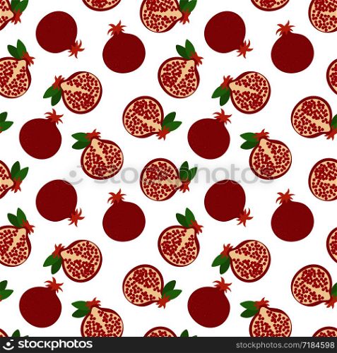 Garnet seamless pattern. Hand drawn fresh pomegranate. Vector sketch background. Color doodle wallpaper. Exotic tropical fruit. Fashion design. Food print for kitchen tablecloth, curtain or dishcloth