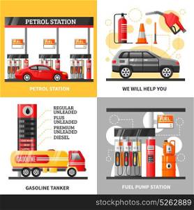 Gas And Petrol Station 2x2 Design Concept. Gas and petrol station 2x2 design concept with petrol station gasoline tanker and fuel pump station flat vector illustration