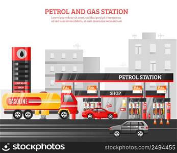 Gas and petrol station flat vector Illustration with car wash shop fueling advertising elements at city buildings background. Gas And Petrol Station Illustration