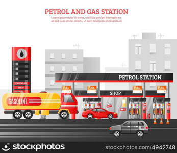 Gas And Petrol Station Illustration. Gas and petrol station flat vector Illustration with car wash shop fueling advertising elements at city buildings background