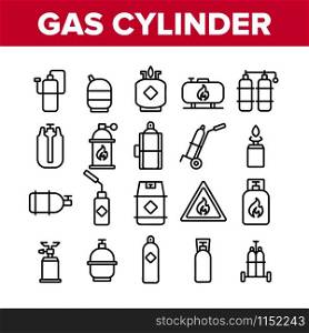 Gas Cylinder Equipment Collection Icons Set Vector Thin Line. Gas Cylinder, Container With Flame Mark, Burner Canister With Burn Concept Linear Pictograms. Monochrome Contour Illustrations. Gas Cylinder Equipment Collection Icons Set Vector
