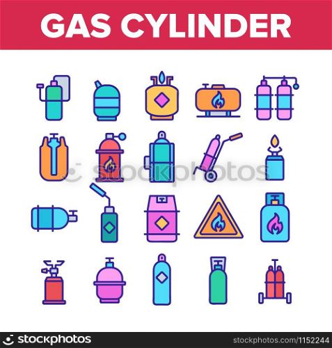 Gas Cylinder Equipment Collection Icons Set Vector Thin Line. Gas Cylinder, Container With Flame Mark, Burner Canister With Burn Concept Linear Pictograms. Color Illustrations. Gas Cylinder Equipment Collection Icons Set Vector