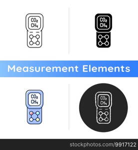 Gas detector icon. Detecting gas leak and other emissions. Safety system. Concentration in atmosphere. Electrochemical sensor. Linear black and RGB color styles. Isolated vector illustrations. Gas detector icon