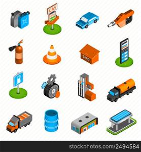 Gas diesel station isometric icons collection of fuel pump nozzle and fire extinguisher abstract isolated vector illustration. Gas station elements isometric icons