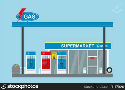 gas fuel station and supermarket,flat vector illustration. gas fuel station and supermarket