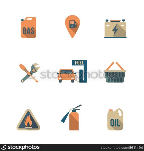 Gas fueling pump electric car charging station mechanic repair service icons set flat isolated abstract vector illustration
