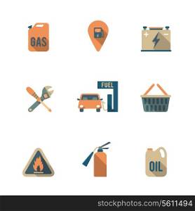 Gas fueling pump electric car charging station mechanic repair service icons set flat isolated abstract vector illustration